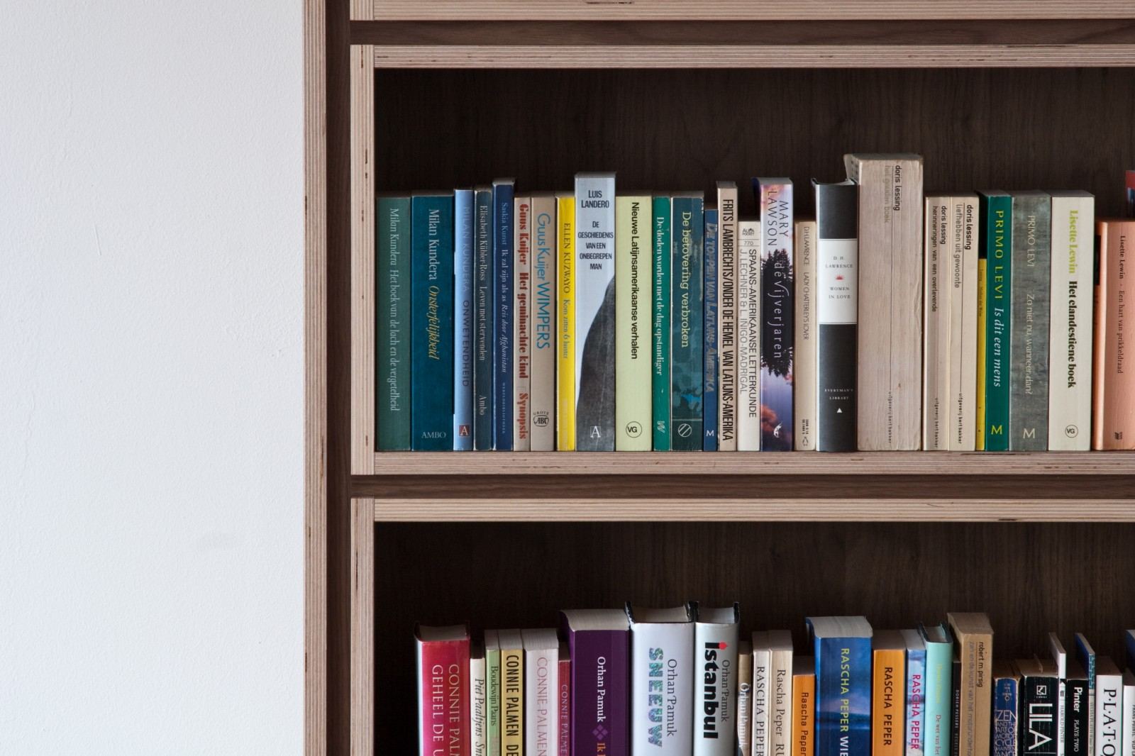 Plank in de boekenkast, volledig gevuld met boeken naast elkaar.