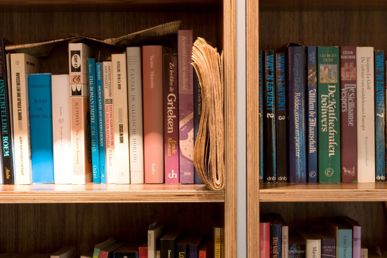 Detail van de aluminium scheidingsstrip tussen twee kastelementen vol boeken.